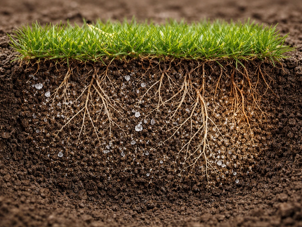 Naakte graswortelzone in close-up met geconcentreerde mestzouten die uitdroging en wortelschade suggereren