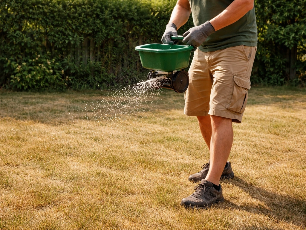 Anonieme tuinier die op droog en warm gras net kunstmestkorrels strooit met een handstrooier.