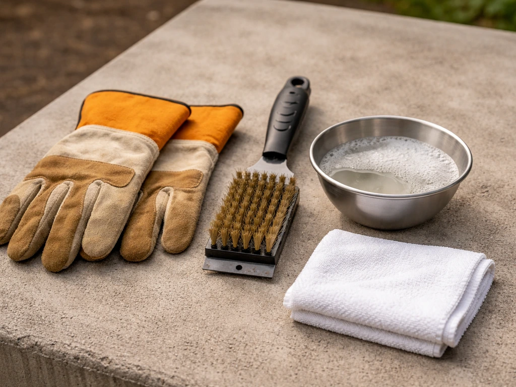 Hittebestendige handschoenen, roosterborstel en kom met lauwwarm zeepwater op een betonnen terrasplaat.