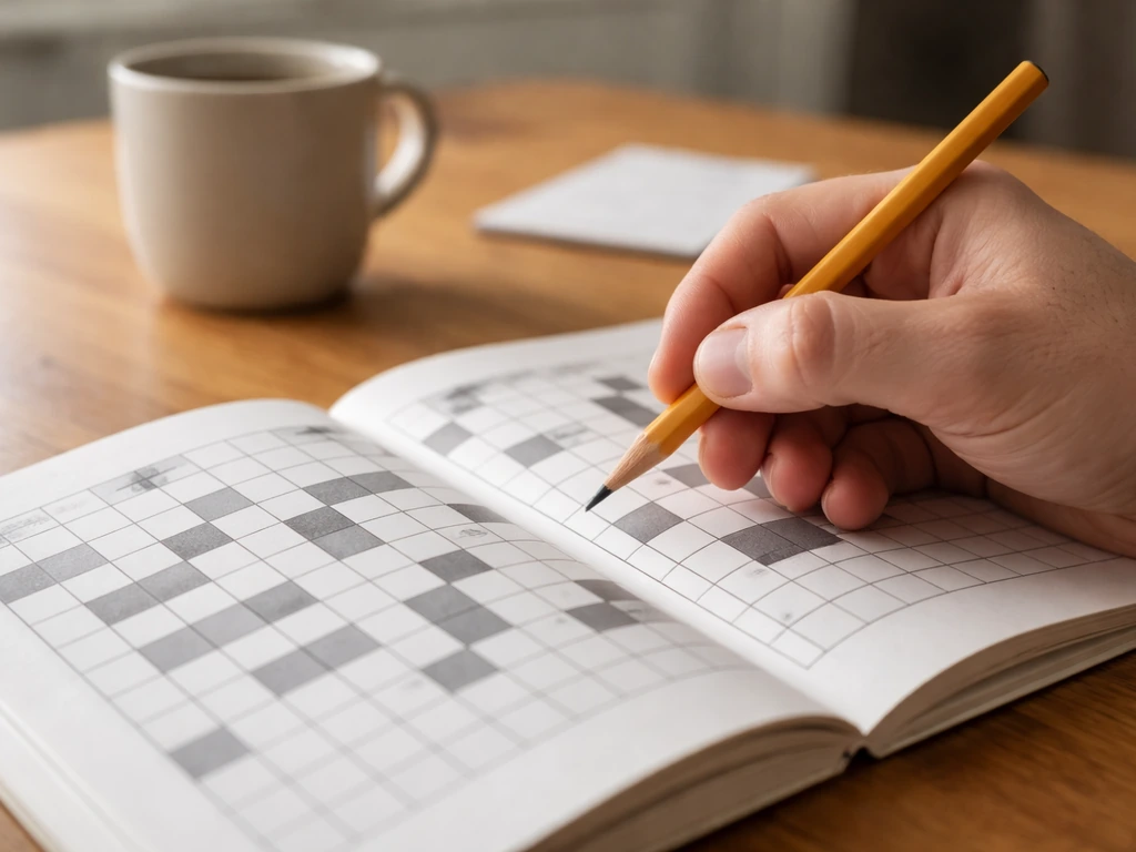 Anonieme hand bij een open kruiswoordraadselboek met een 8-letter puzzelraster op tafel