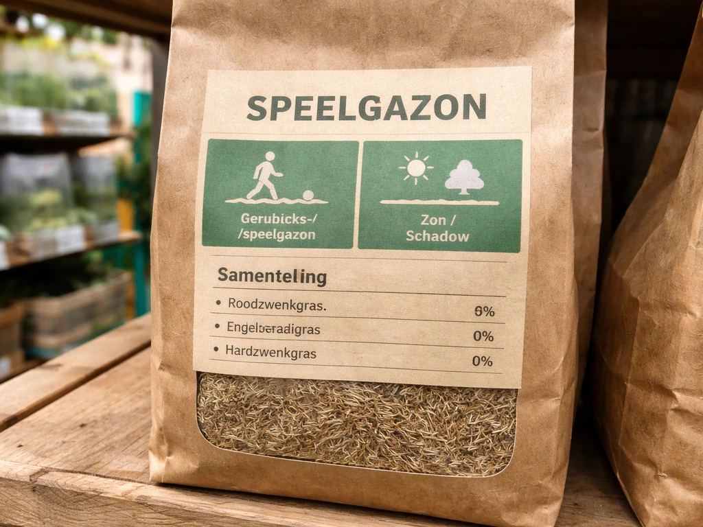 Close-up van een zak graszaad met duidelijk zichtbaar etiket met grasmix en toepassing in een tuinwinkel.