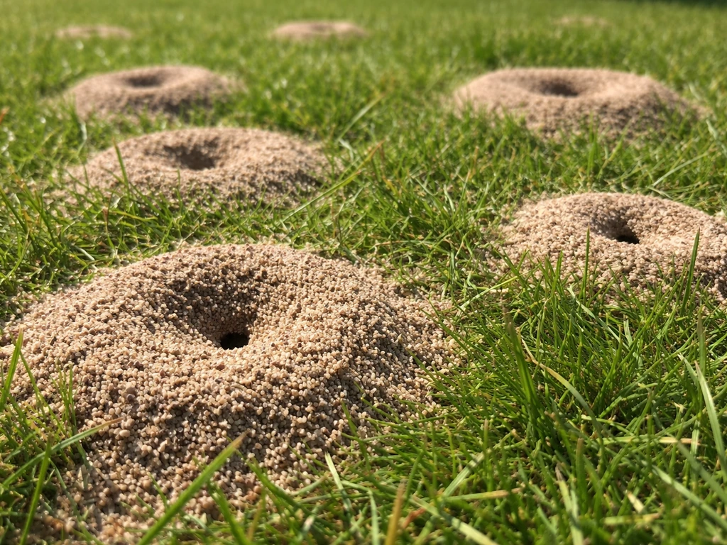 Close-up van mierenzandhoopjes en mini-ingangen in het gazon, met fijn uitgestrooid zand op groen gras.