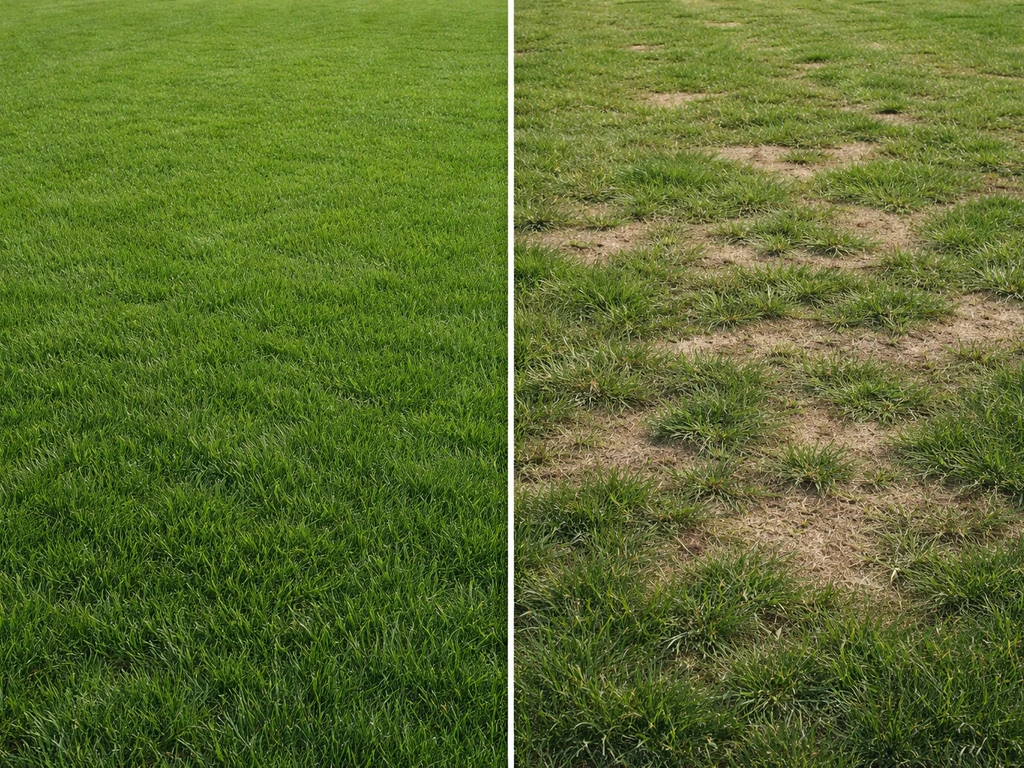 Links dicht en groen gazon, rechts spaarzamer gazon met kale plekken waar mieren meer kans hebben.