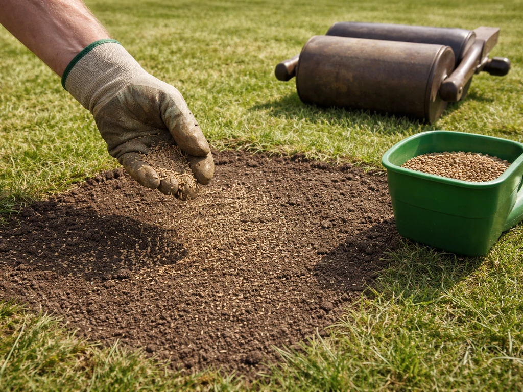 Kale plek in het gazon met graszaad dat wordt uitgestrooid, daarna rollen en bemesten bij herstel na mieren