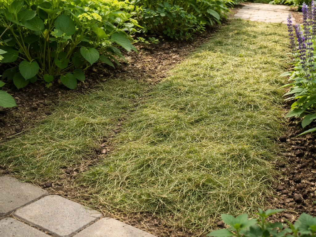 Vers gemaaid gras als dunne mulchlaag tussen plantvakken langs een tuinpad, met zichtbaar verschil in dikte.
