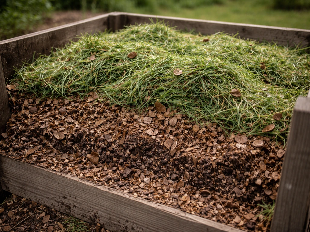 Gegroepeerde lagen gemaaid gras en bruin composteermateriaal in een compostbak, klaar om te compostereren.