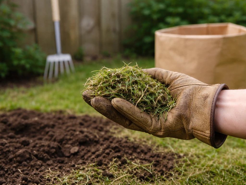 Hand in tuinhandschoen die maaisel onderzoekt bij een gazon, met tuingereedschap op de achtergrond