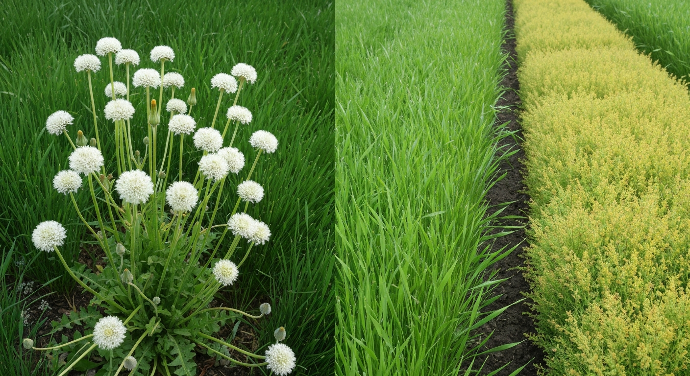 Gazon met bloeiende gele onkruiden (paardenbloem) links en geelgroen vergeeld gras rechts, overzichtsfoto van Nederlandse tuin.