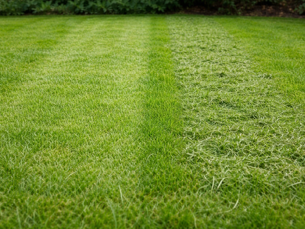Close-up van twee stroken gemaaid gras met verschillen in maaisel: nauwelijks zichtbaar links en dun maar zichtbaar rech