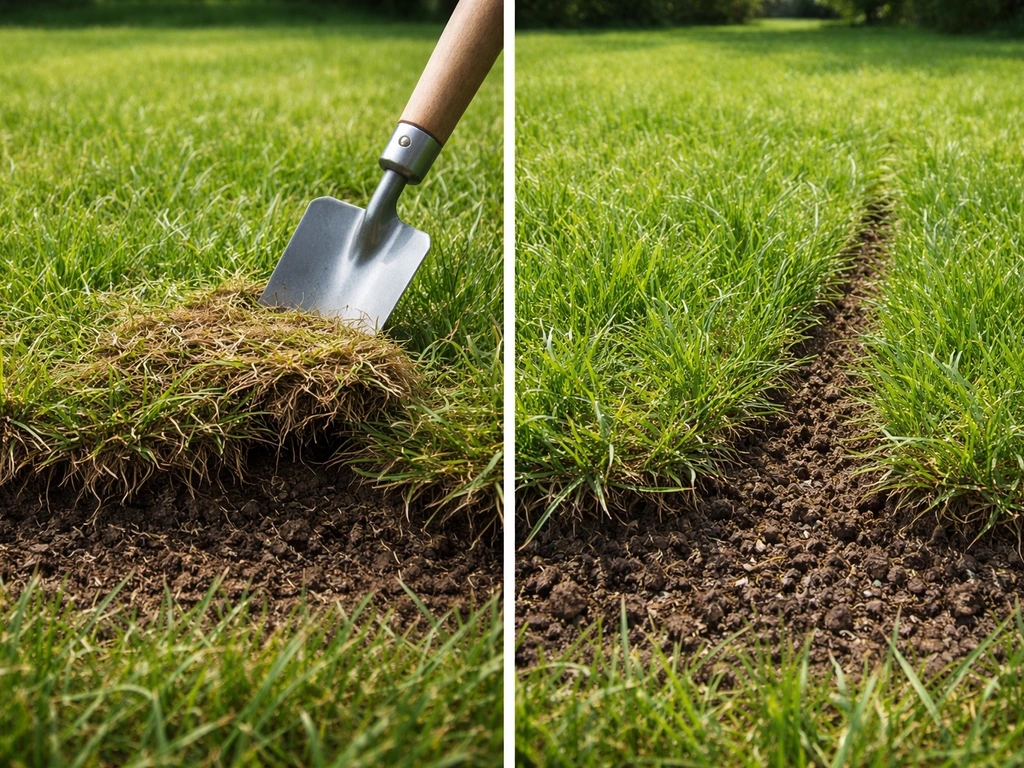 Tuinbodem met viltige grasmat links en na weghalen luchtiger, doorlaatbaar gras rechts, met kleine schop.