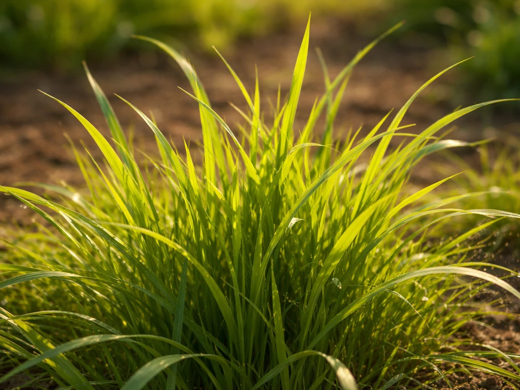 Close-up van tropisch warm-seizoen gras met lichte groeikleur in de zon, met dauwdruppels op de sprieten.
