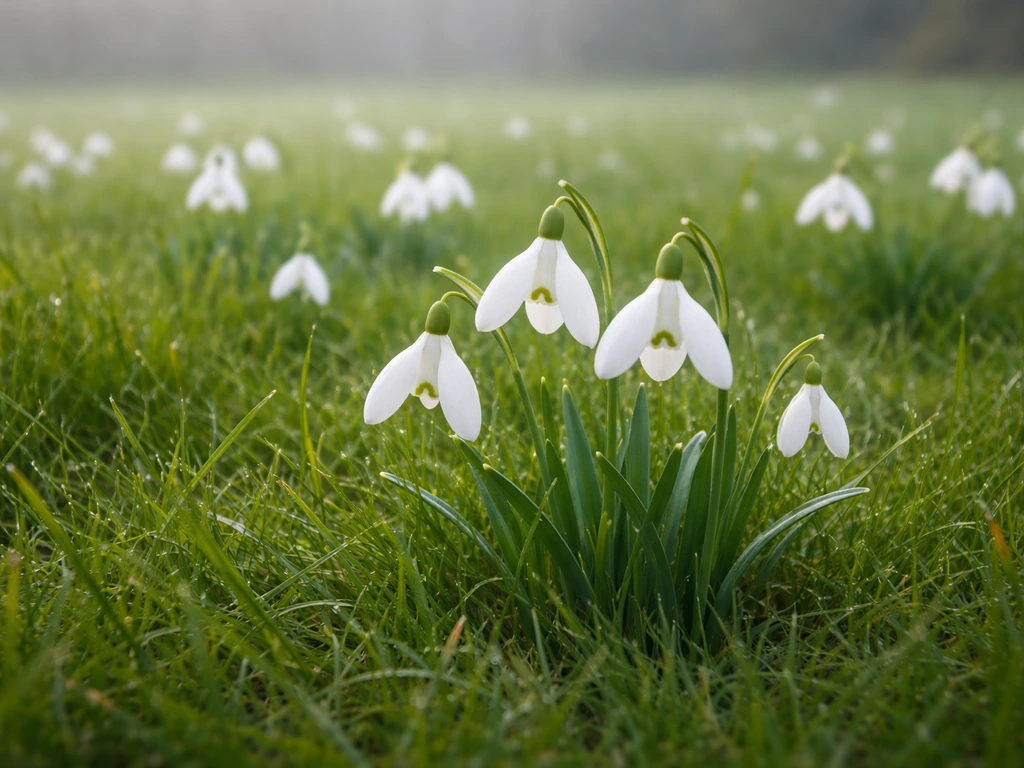 Witte sneeuwklokjes bloeien tussen gezond gras in een gazon met zacht ochtendlicht.