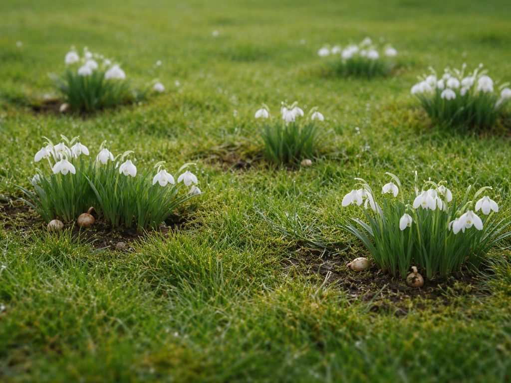 Sneeuwklokjes verspreid tussen graspolletjes, met zichtbare bollenplekken in een natuurlijk grasveld
