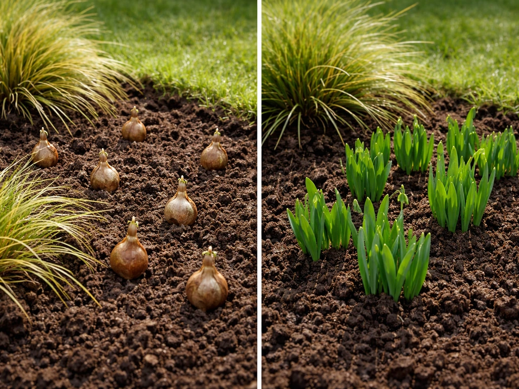 Herfstaanplant met droge sneeuwklokjesbollen in/naast gras, contrast met ‘in het groen’ tussen sprieten