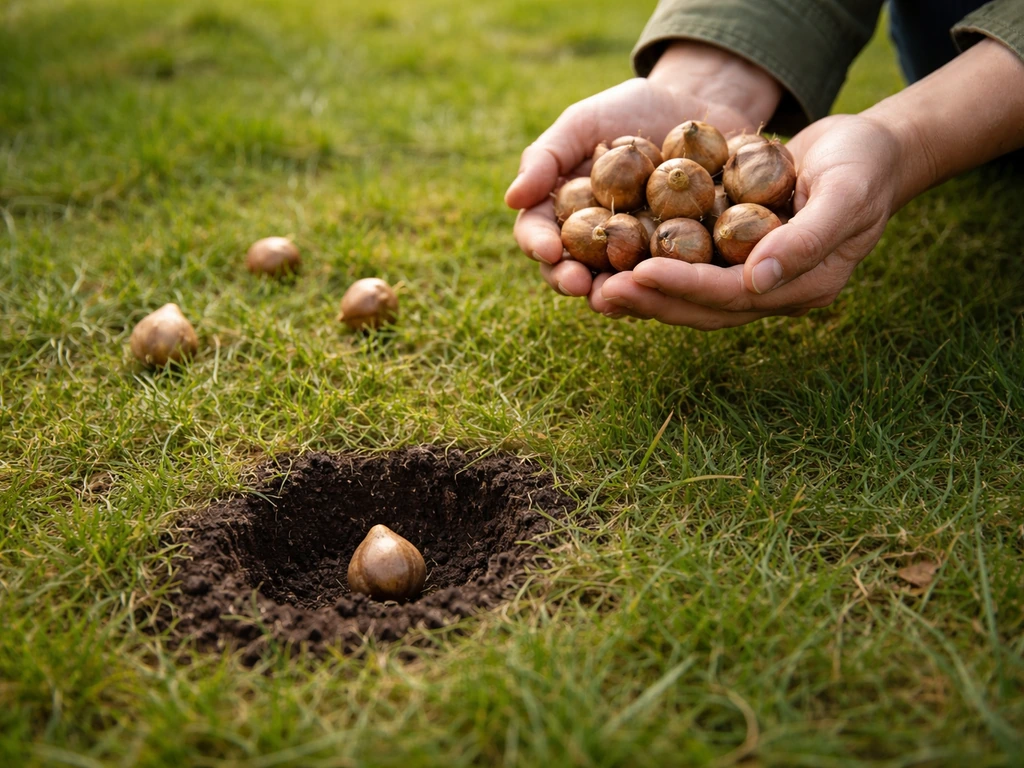 Hand met bloembollen boven gras, daarna bollen die op natuurlijke plekken vallen en ingeplant worden.