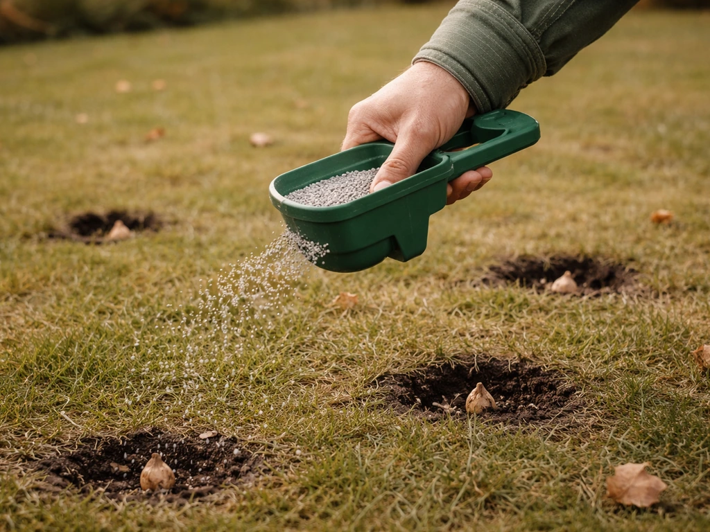 Hand strooit herfstmestkorrels tussen gazon en bollenplekken in een herfsttuin, anonieme tuincontext.