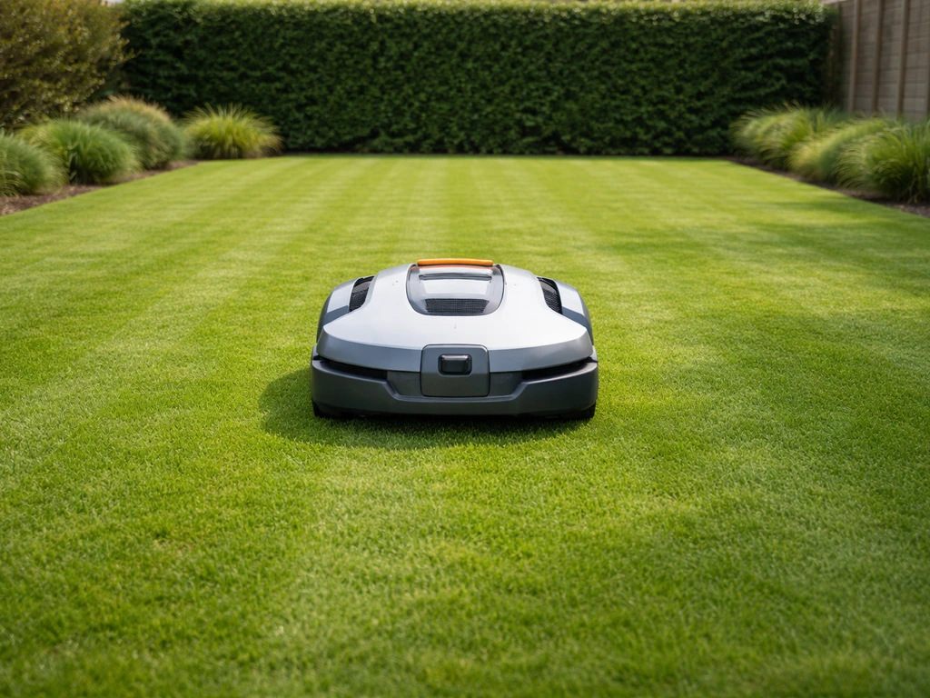 Robotmaaier op een dicht, verzorgd Nederlands gazon met egale mulching-finish in daglicht.