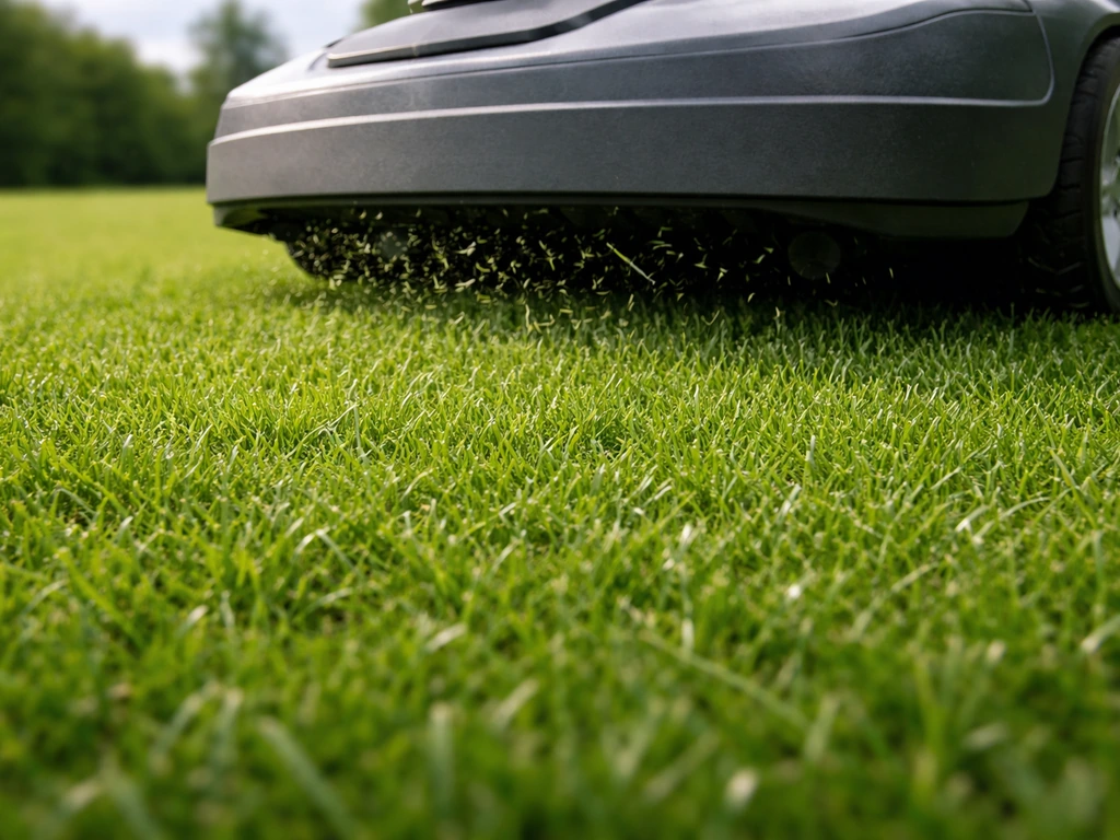 Close-up van een robotmaaier die kleine grassnippers afsnijdt, waardoor de grasmat gelijkmatig mulcht.