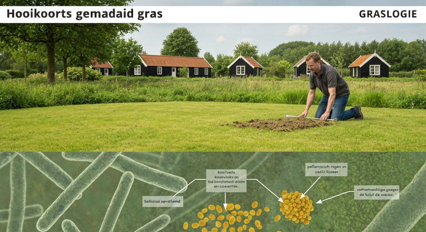 Persoon maait gazon in Nederlandse voorstad; vergrote pollenkorrels, pollenfragmenten en schimmelsporen zweven als overlay boven het maaisel.