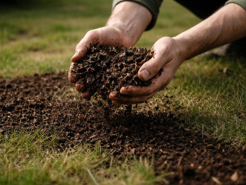 Handen strooien compost met organisch materiaal gelijkmatig over een bestaand, licht droog gazon.