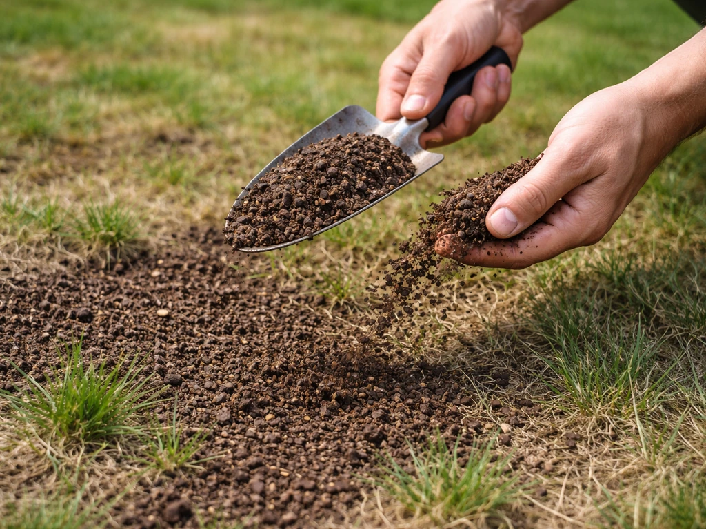 Close-up van organische gazon-topdressing die wordt uitgestrooid op een verdroogd, ongelijk stuk gras.
