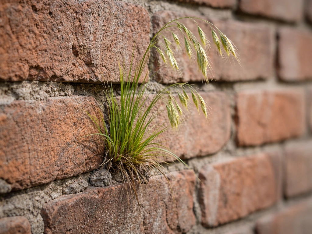 Close-up van muurgras tussen de voegen van een oude bakstenen muur, met duidelijke sprieten en textuur.