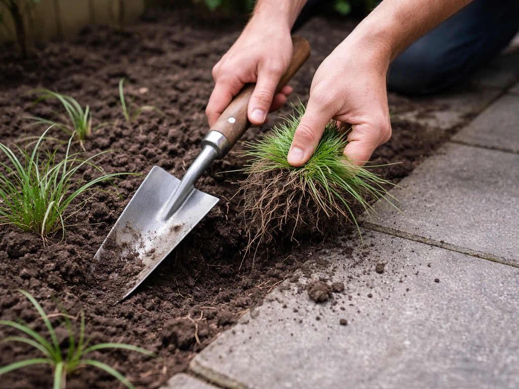Handen en pendelschop die muurgrasplantjes diep uitsteekt langs tegels in een stille tuinrand.