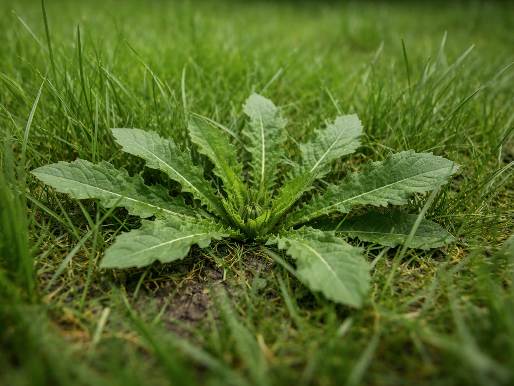 Close-up van onkruid in het gazon, met rozetbladeren en fijne grassprieten eromheen.