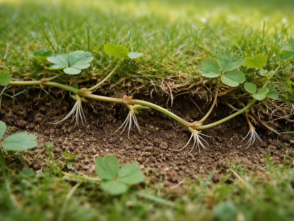 Close-up van gras met uitlopers van kruipende boterbloem en klaver met knoopjes die wortelen in de bodem.