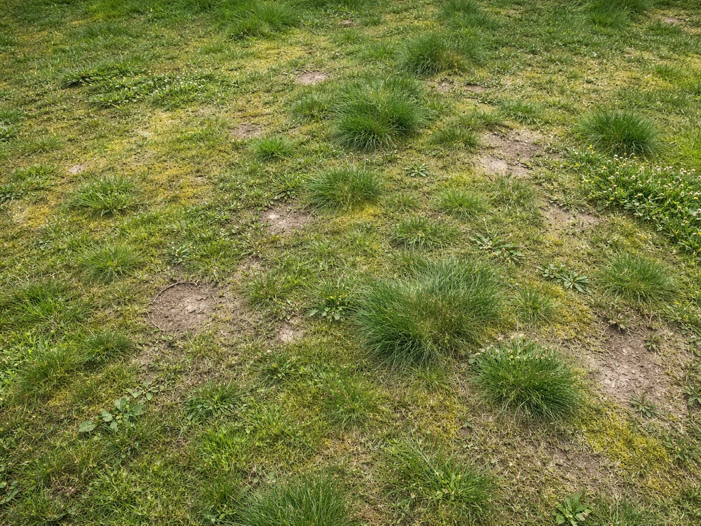 Bovenaanzicht van een gazon met mos-, onkruid- en verdichte, ongelijkgroene plekken (verwilderd gras).