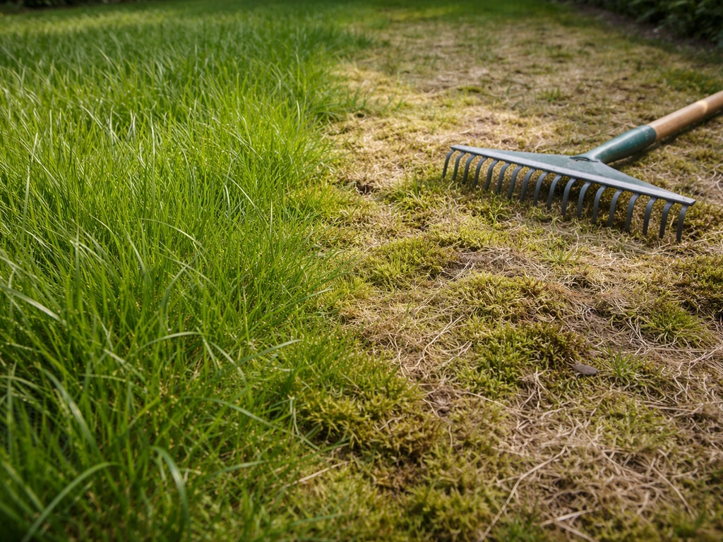 Gazon met twee zones: links lang groen gras, rechts mos en viltige dode grasvezels (verwilderd gras).