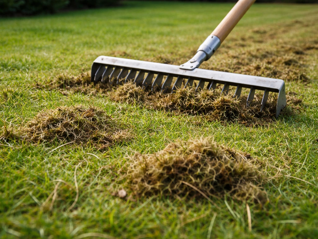 Verticuteerhark trekt over het gras en laat mos en bruine viltresten los op het gazon.