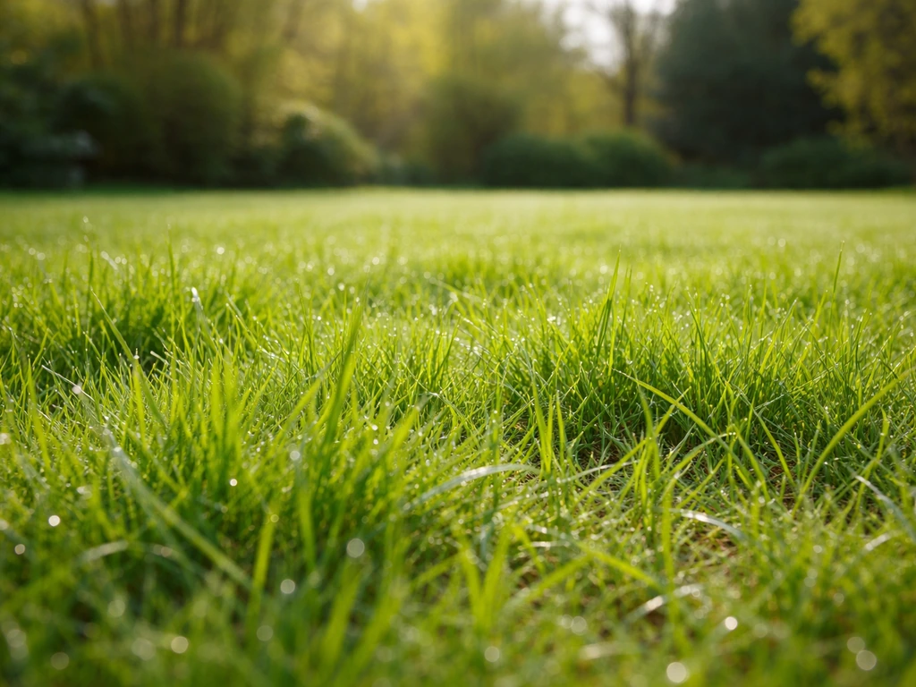 Vroegvoorjaars gazon met frisse lichtgroene grasgroei en dauwdruppels, rustige tuinachtergrond, geen personen.
