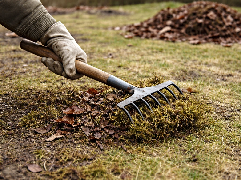 Iemand schept met een hark natte bladeren en mos van het gazon na de winter op droge grond.