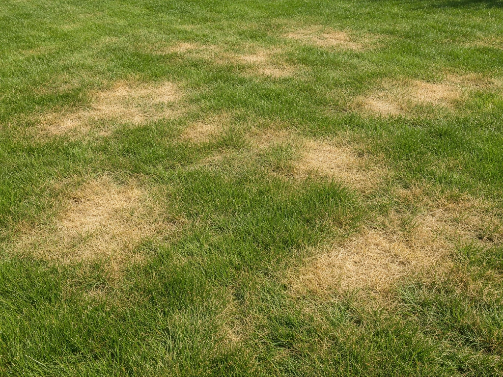 Gele en bruine plekken in het gras, met daarnaast nog groen gezond gras voor duidelijk contrast.