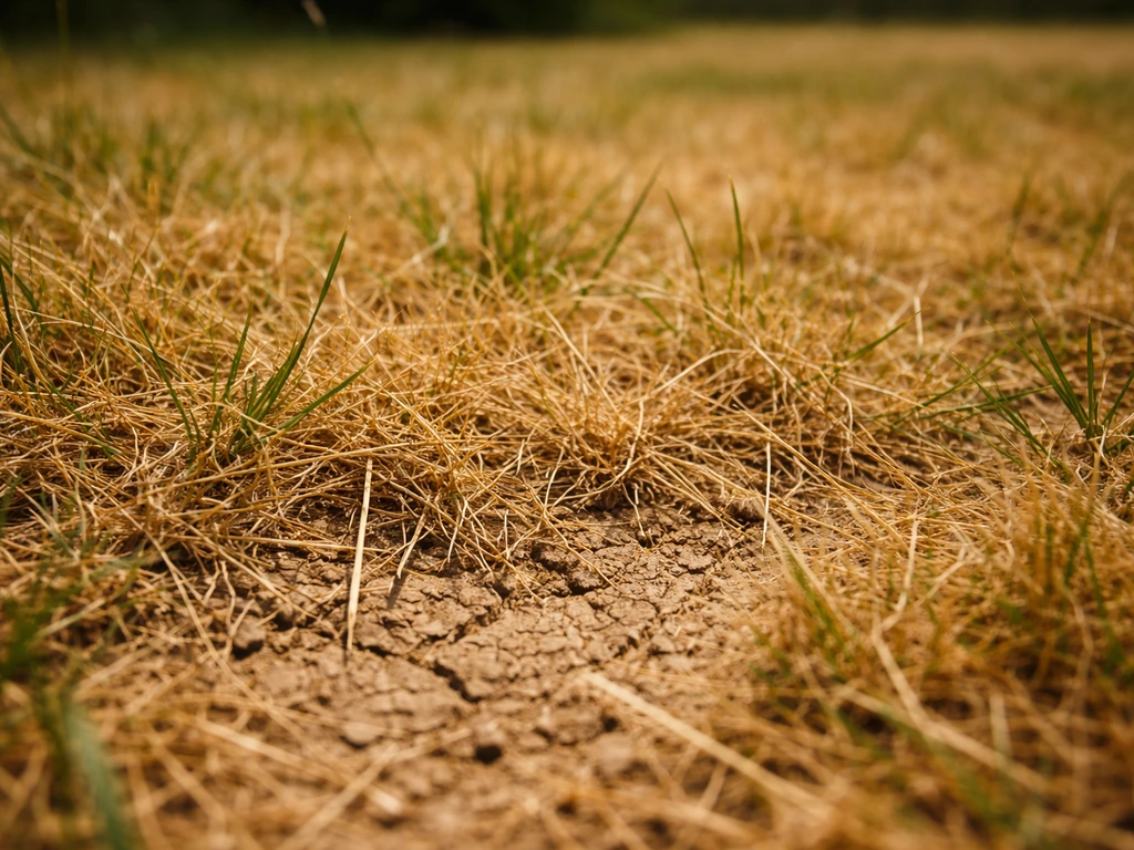 Close-up van geel-bruin uitgedroogd gras in een Nederlands gazon, met stroachtige grassprieten.
