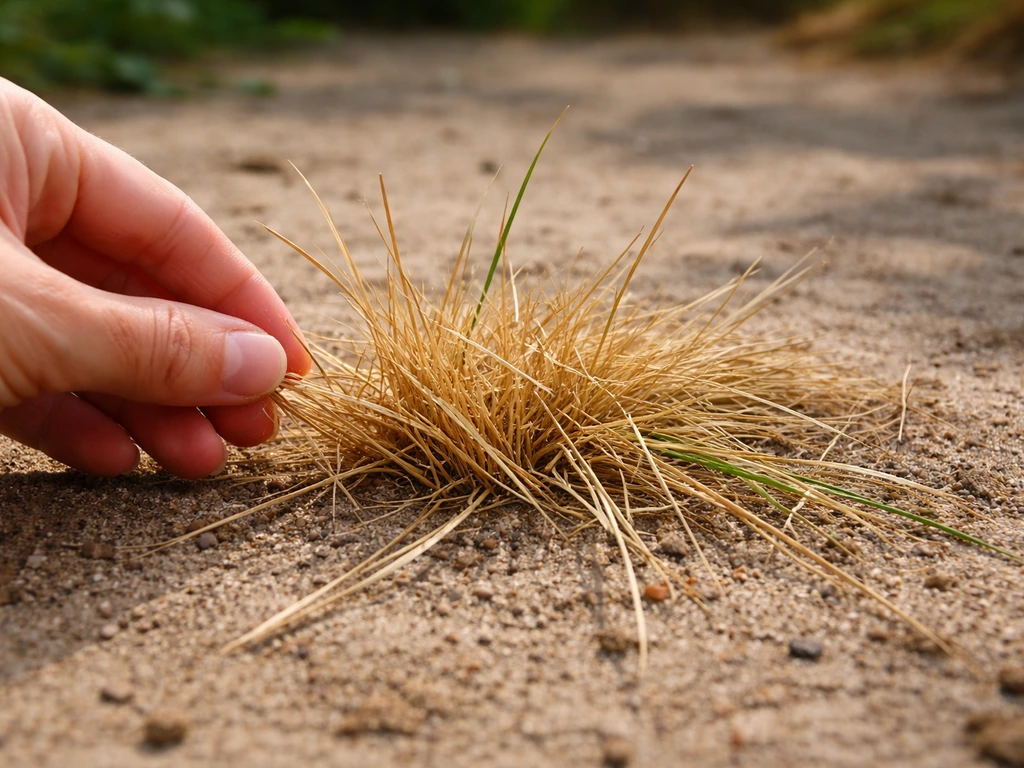 Close-up van geelbruin, stroachtig gras dat niet terugbuigt bij aanraking, met onduidelijk ‘het lijkt dood’-gevoel.