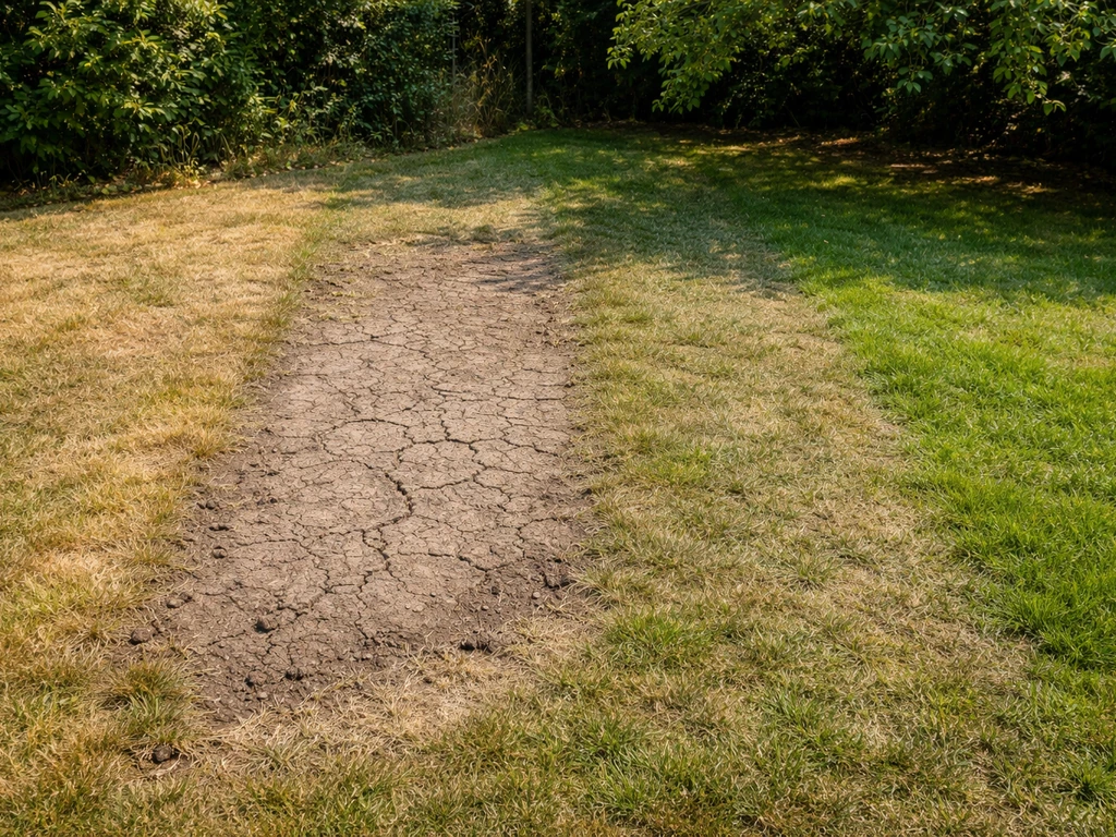 Minimalistisch overzicht van uitgedroogd gazon: zonnige droge plek, kale grond, verdichte plekken en schaduwzone naast e