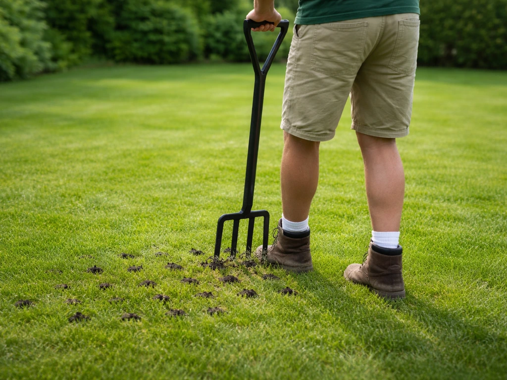 Tuinman belucht het gazon met een beluchtingsvork; kleine bodemgaten zichtbaar in de grond.