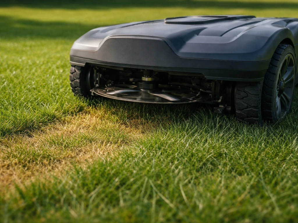 Close-up van robotmaaier met afgestelde maaihoogte en vergeelde, te kort gemaaide stroken in het gazon.