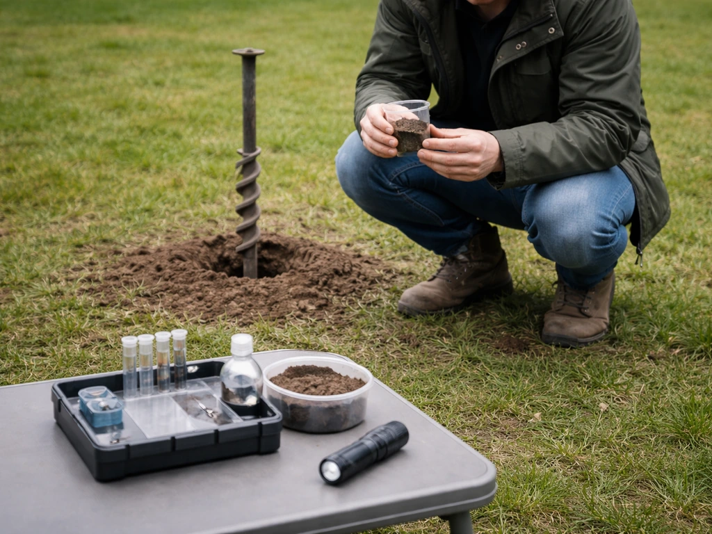 Tuingrondwerker neemt een boormonster en test de grond op tafel met een simpele pH-set