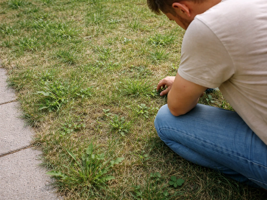 Persoon knielt in een gazon en inspecteert zichtbaar verzwakt gras tussen onkruiden.