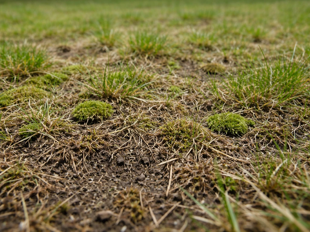 Detail van een gazon met zichtbare viltlaag, mos en afgestorven resten tussen dun gras en bodem.