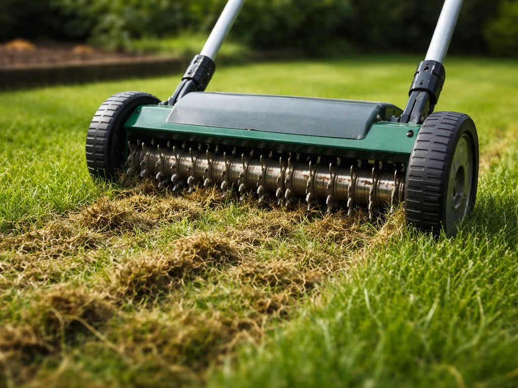 Verticuteerroller over het gazon met zichtbaar losgehaalde vilt- en mosresten tussen de grashalmen.