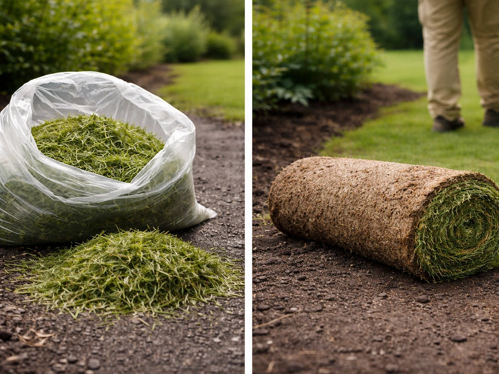Links los grasknipsel na het maaien, rechts een opgerolde grasmat (zoden) voor vergelijking.