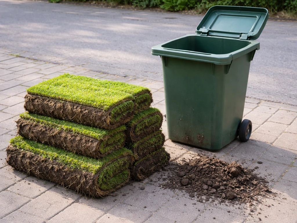 Graszoden met zichtbare aarde liggen naast een groene gft-bak, met losse grond in de buurt.