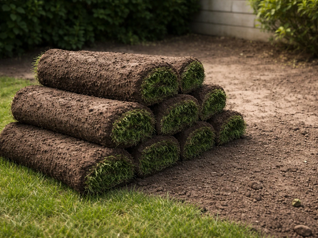 Omgekeerde graszoden gestapeld op een rustige hoek van de tuin, grasmat naar beneden, met zichtbare aarde.