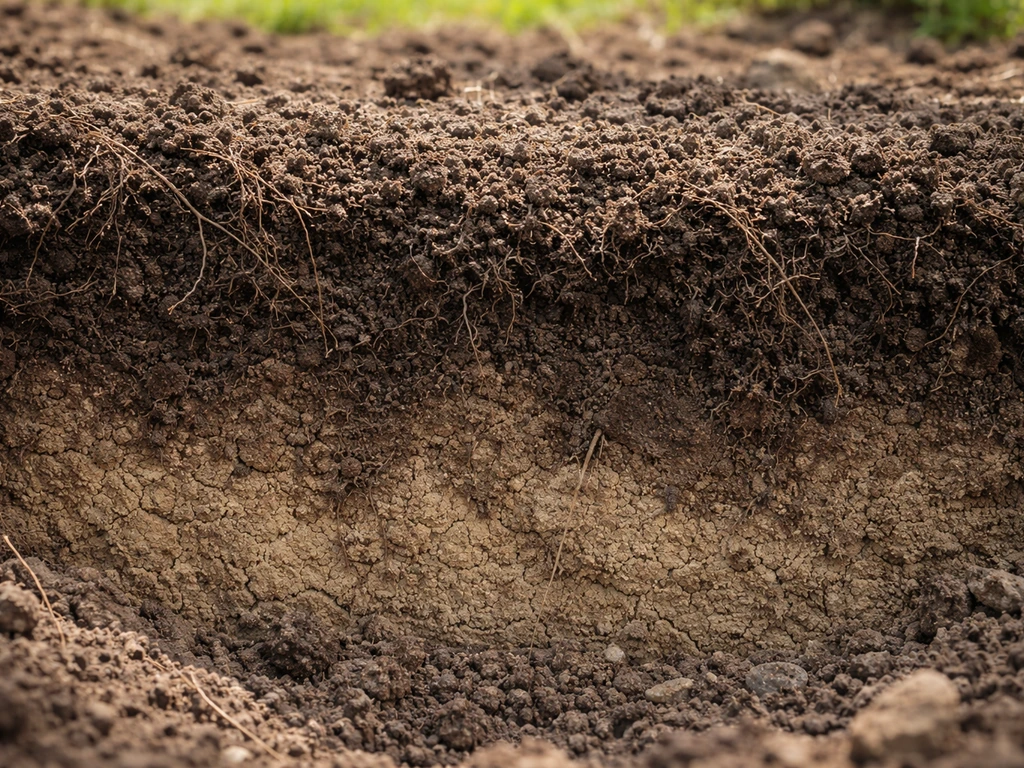 Close-up van vochtige bovenlaag met oppervlakkige wortels en drogere diepere bodem onderin.