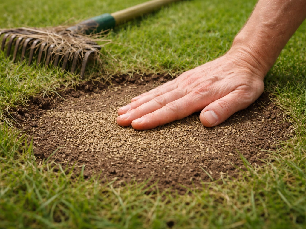 Iemand bijzaait een kleine kale plek in het gras: hark met dode sprieten, nieuw zaad en licht aangedrukte grond.