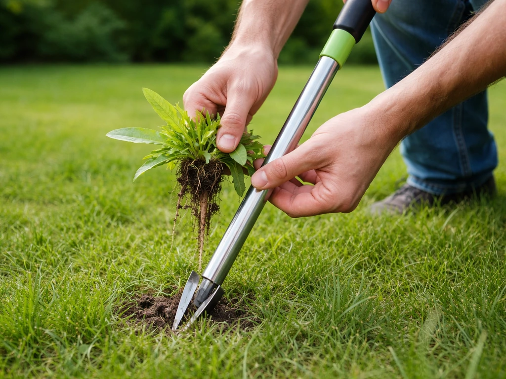 Handen met onkruidsteker/V-snijder steken onkruid met wortel uit tussen het groene gazon.
